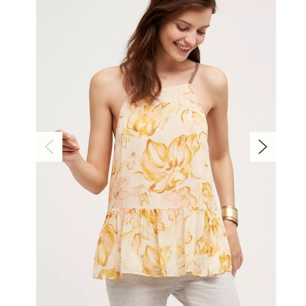 Anthropologie HD in Paris Joselyn‎ Cami Size L Yellow Floral Ruffle Tank Top